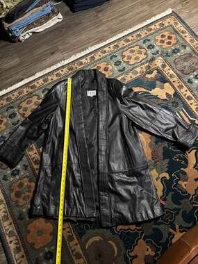 Vintage Kent Street Black Genuine Leather Open Front Shawl Collar Coat